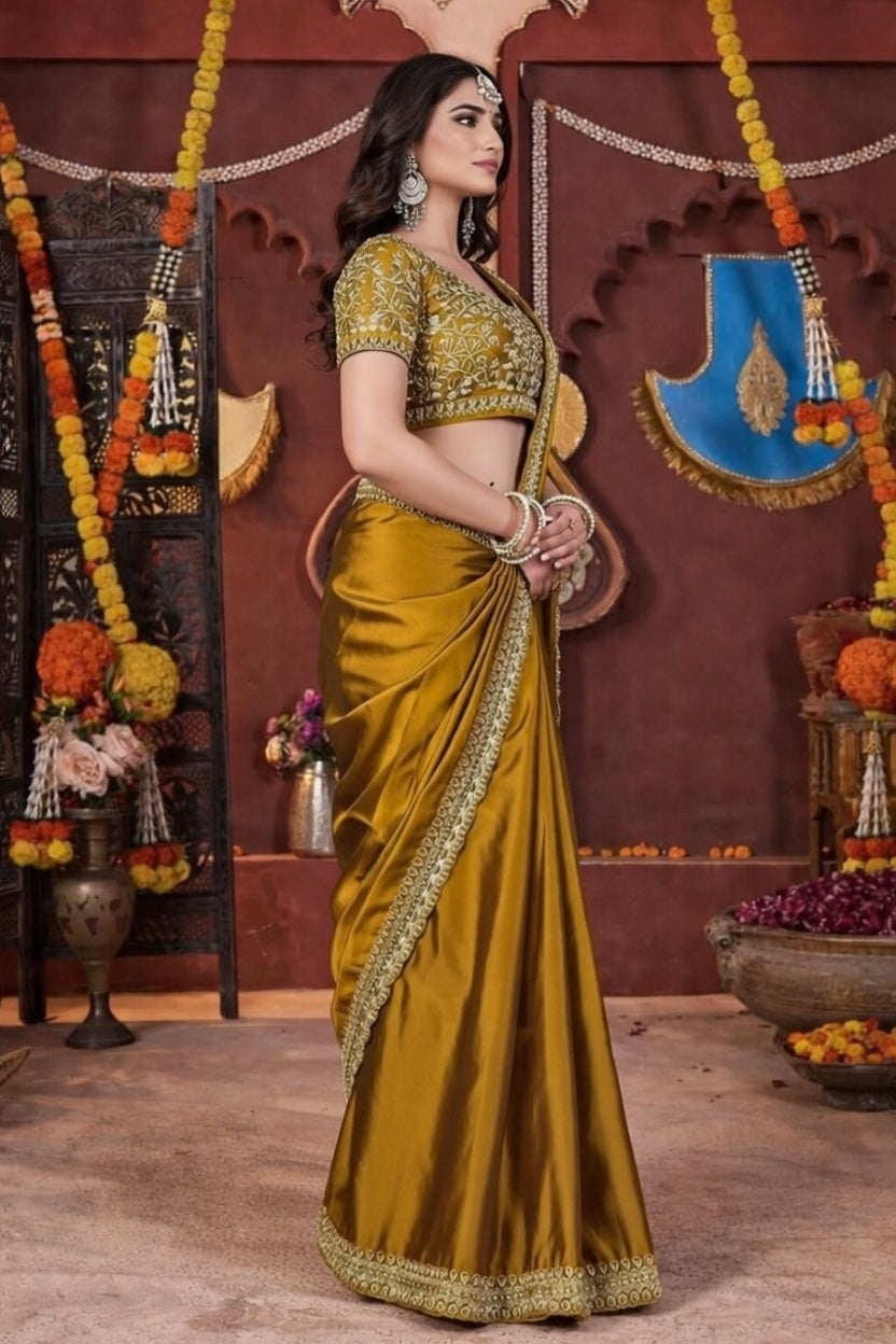 FloraLuna Stunning Golden Mustard Satin Silk Saree