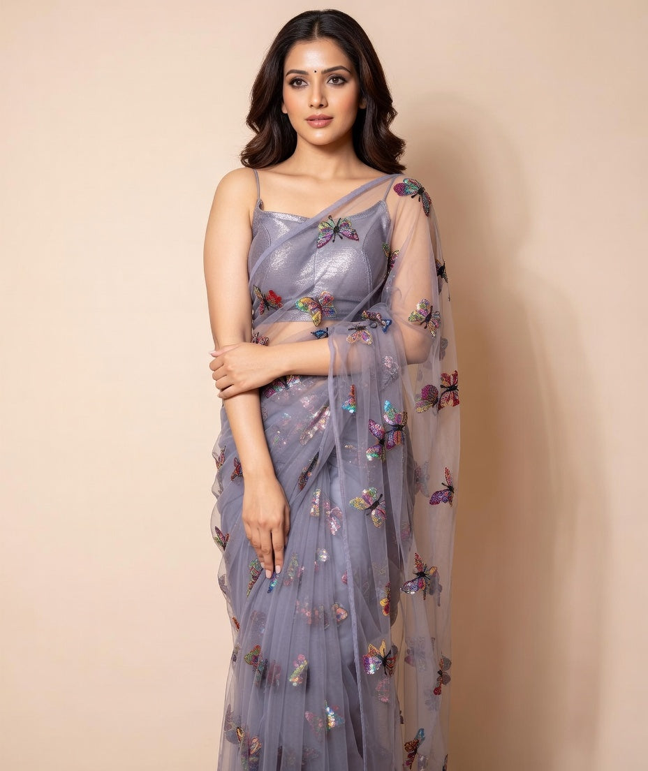 FloraLuna Elegant Lavender-Grey Organza Butterfly Saree
