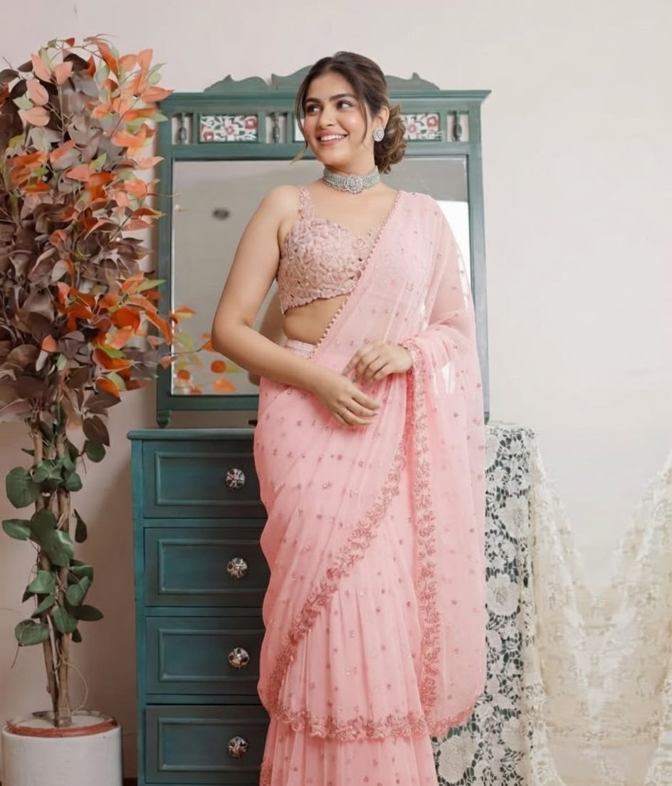 FloraLuna Gorgeous Pastel Pink Saree