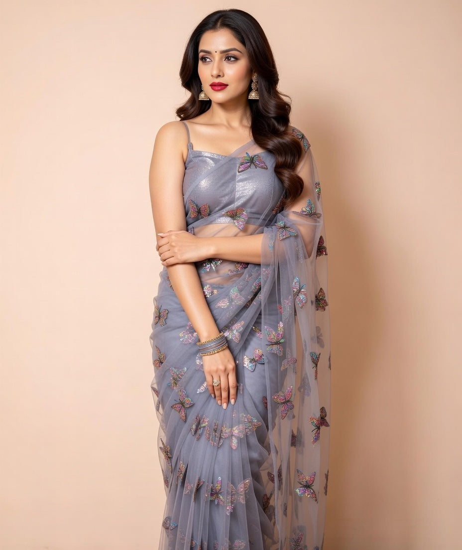 FloraLuna Elegant Lavender-Grey Organza Butterfly Saree