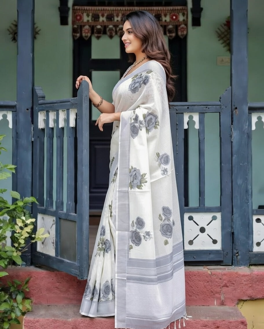 FloraLuna Luxury Off-White Organza Floral Saree