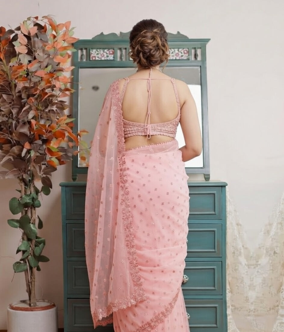 FloraLuna Gorgeous Pastel Pink Saree