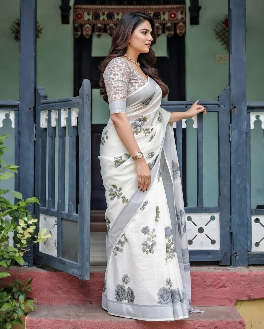 FloraLuna Luxury Off-White Organza Floral Saree