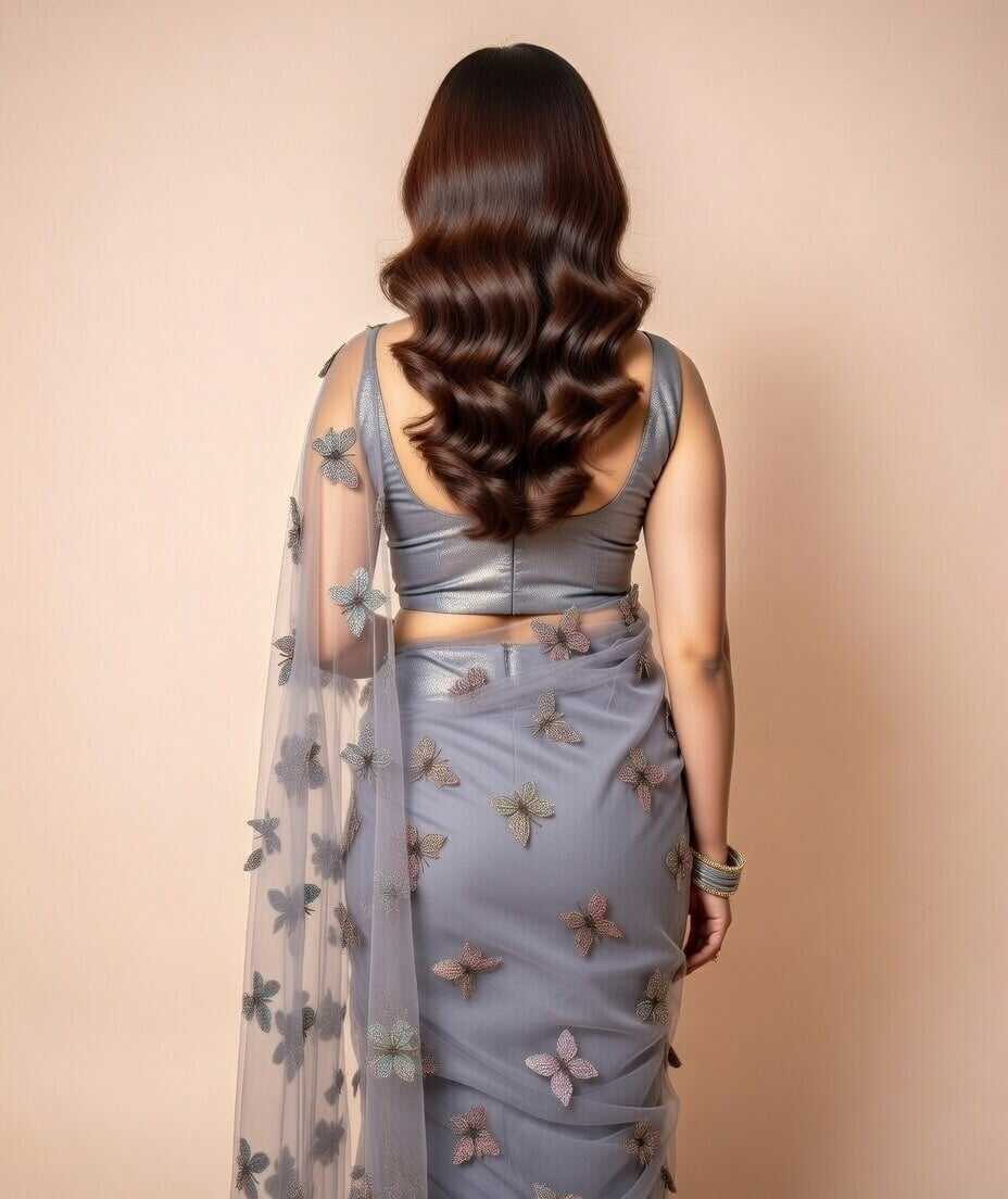 FloraLuna Elegant Lavender-Grey Organza Butterfly Saree