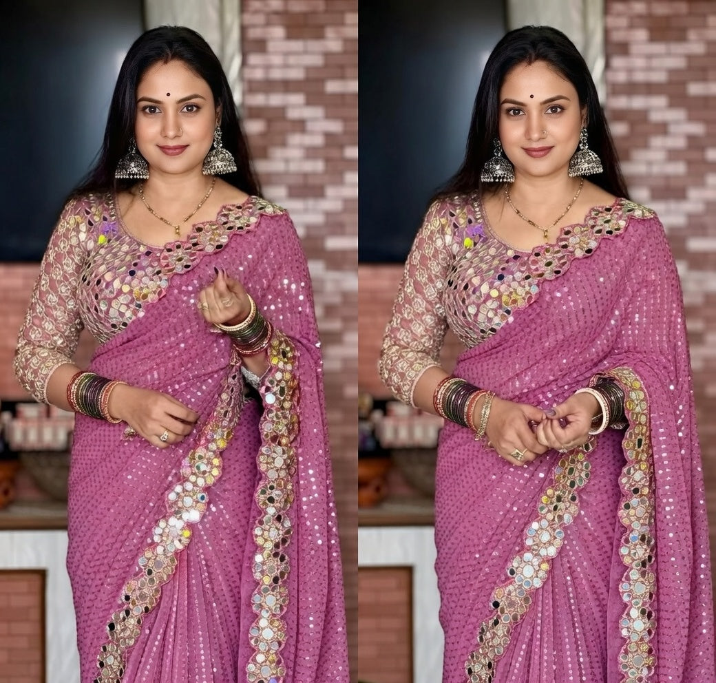 FloraLuna Pink Sequins Saree