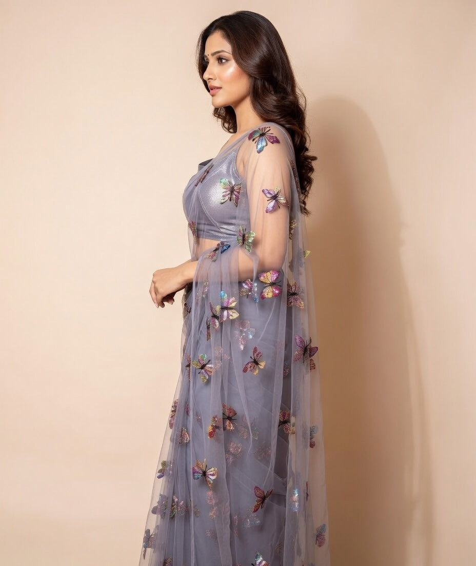 FloraLuna Elegant Lavender-Grey Organza Butterfly Saree