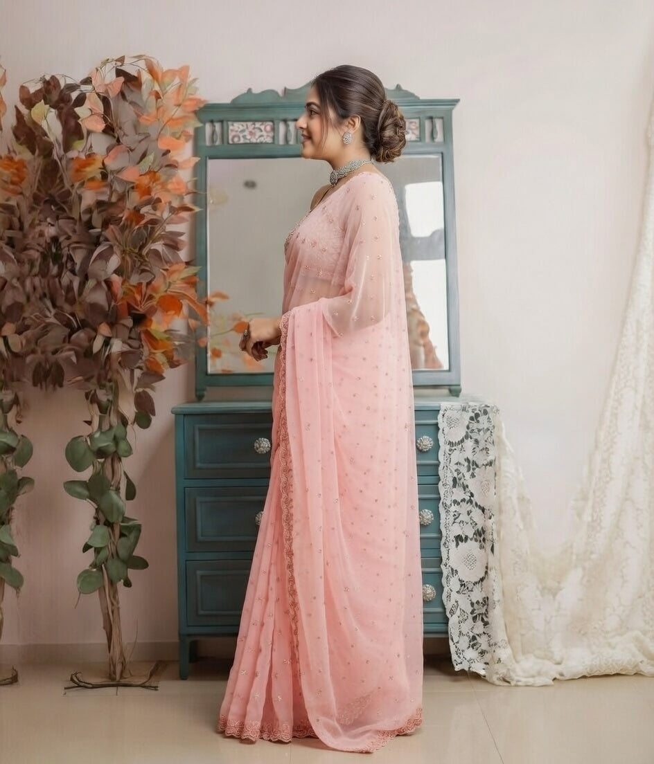 FloraLuna Gorgeous Pastel Pink Saree
