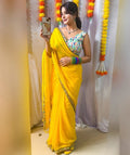 FloraLuna Gorgeous Sunshine Yellow Saree with Embroidered Multicolour Blouse