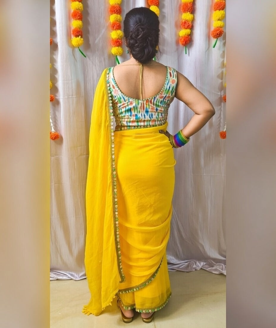 FloraLuna Gorgeous Sunshine Yellow Saree with Embroidered Multicolour Blouse