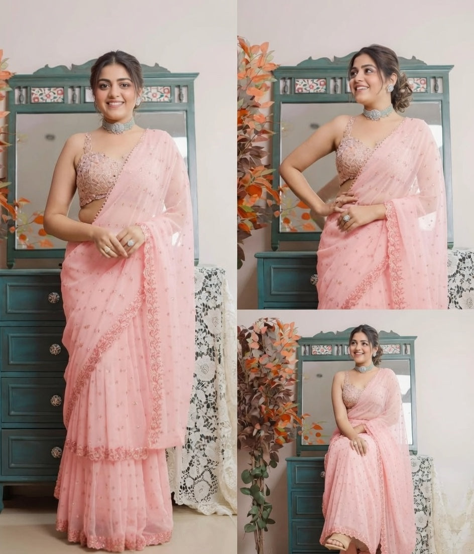 FloraLuna Gorgeous Pastel Pink Saree