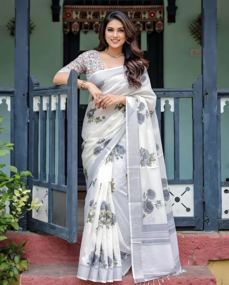 FloraLuna Luxury Off-White Organza Floral Saree