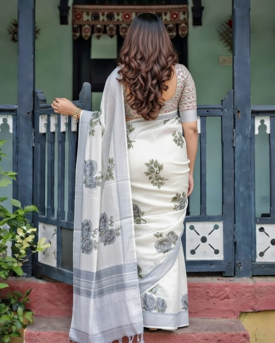 FloraLuna Luxury Off-White Organza Floral Saree