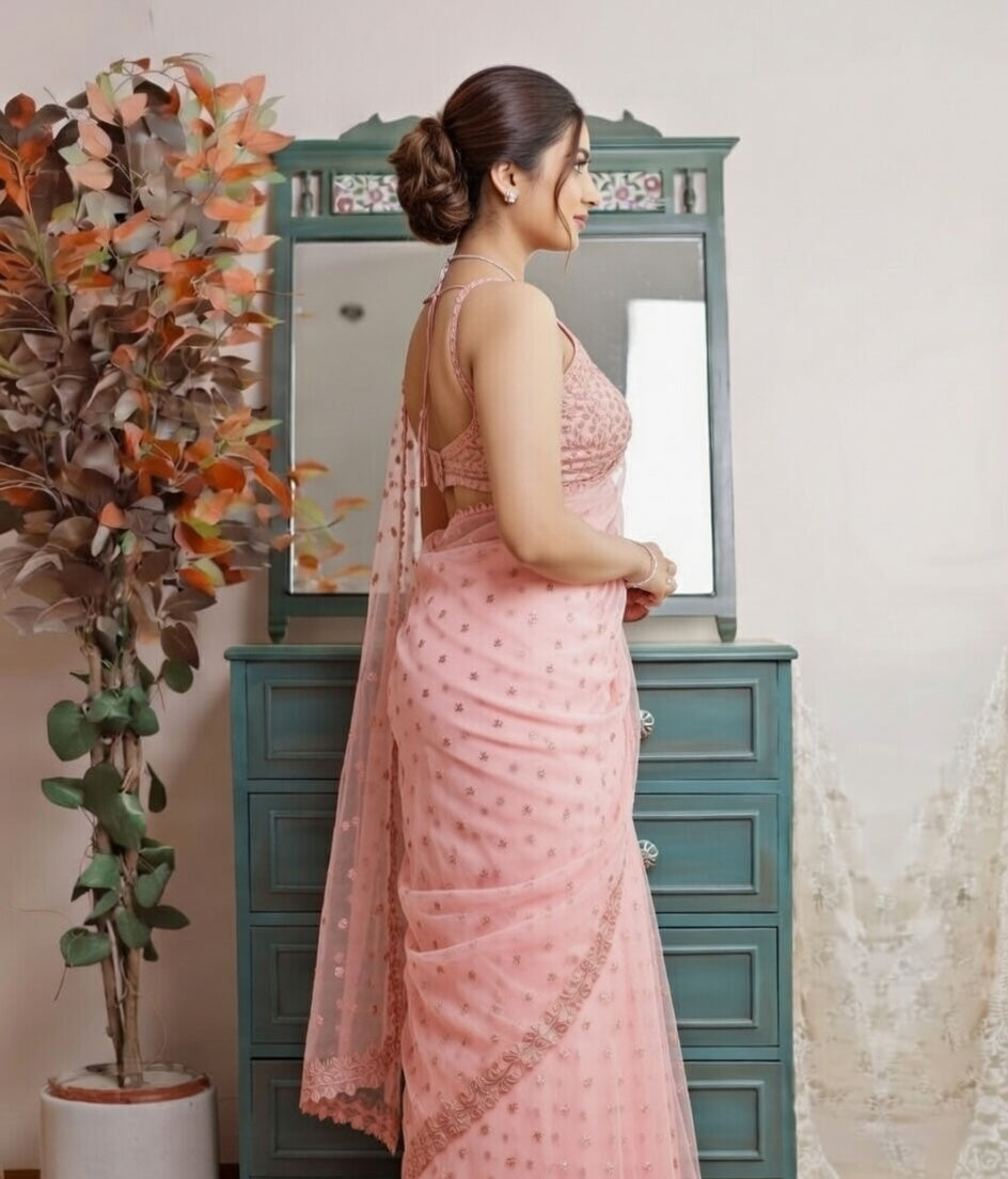 FloraLuna Gorgeous Pastel Pink Saree