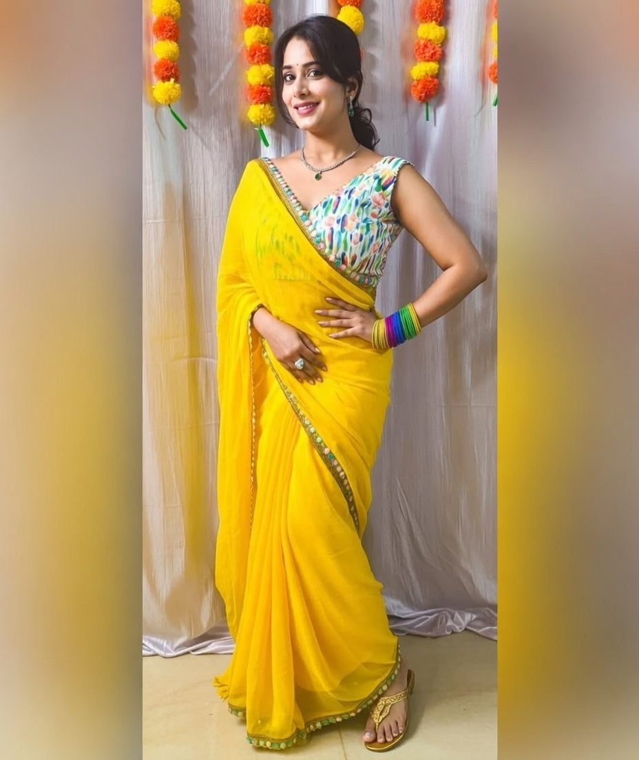 FloraLuna Gorgeous Sunshine Yellow Saree with Embroidered Multicolour Blouse