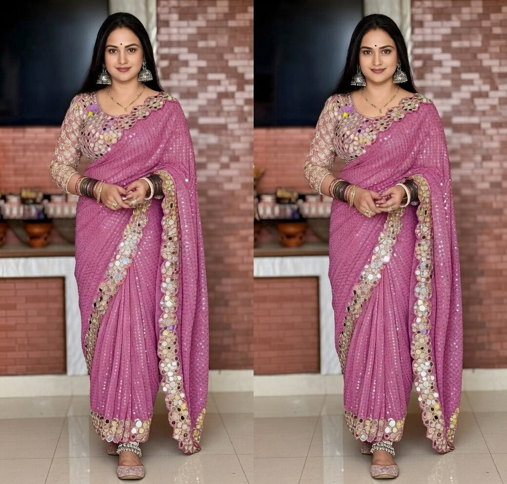 FloraLuna Pink Sequins Saree