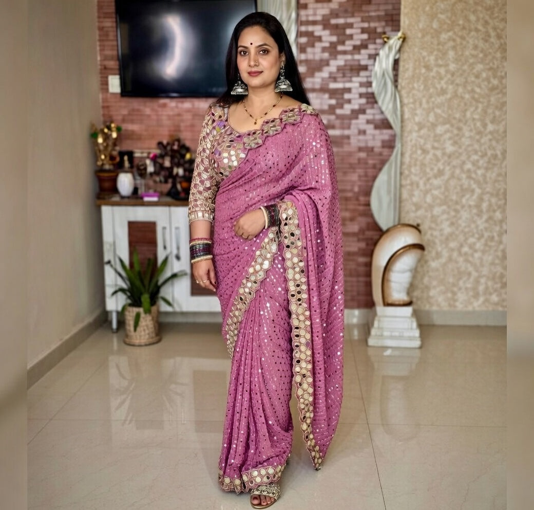 FloraLuna Pink Sequins Saree