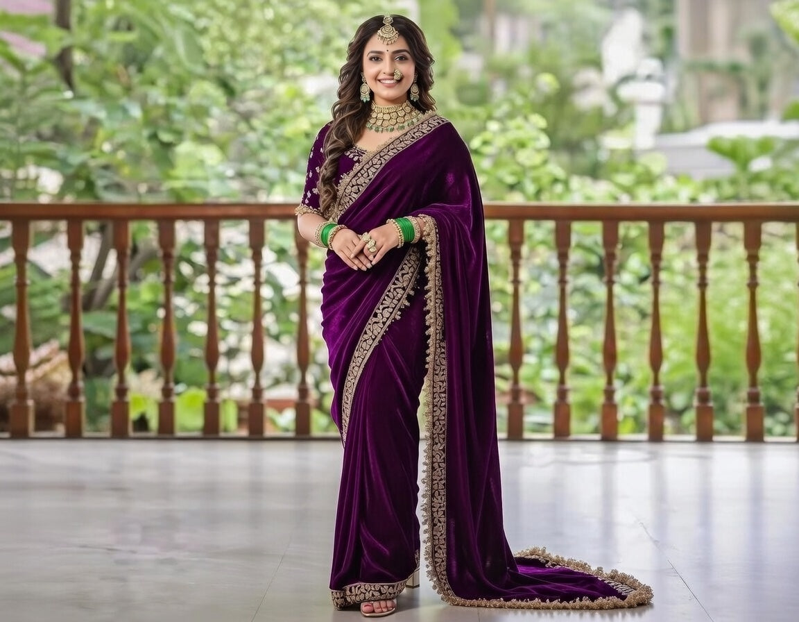 FloraLuna Luxurious Magenta-Purple Velvet Saree