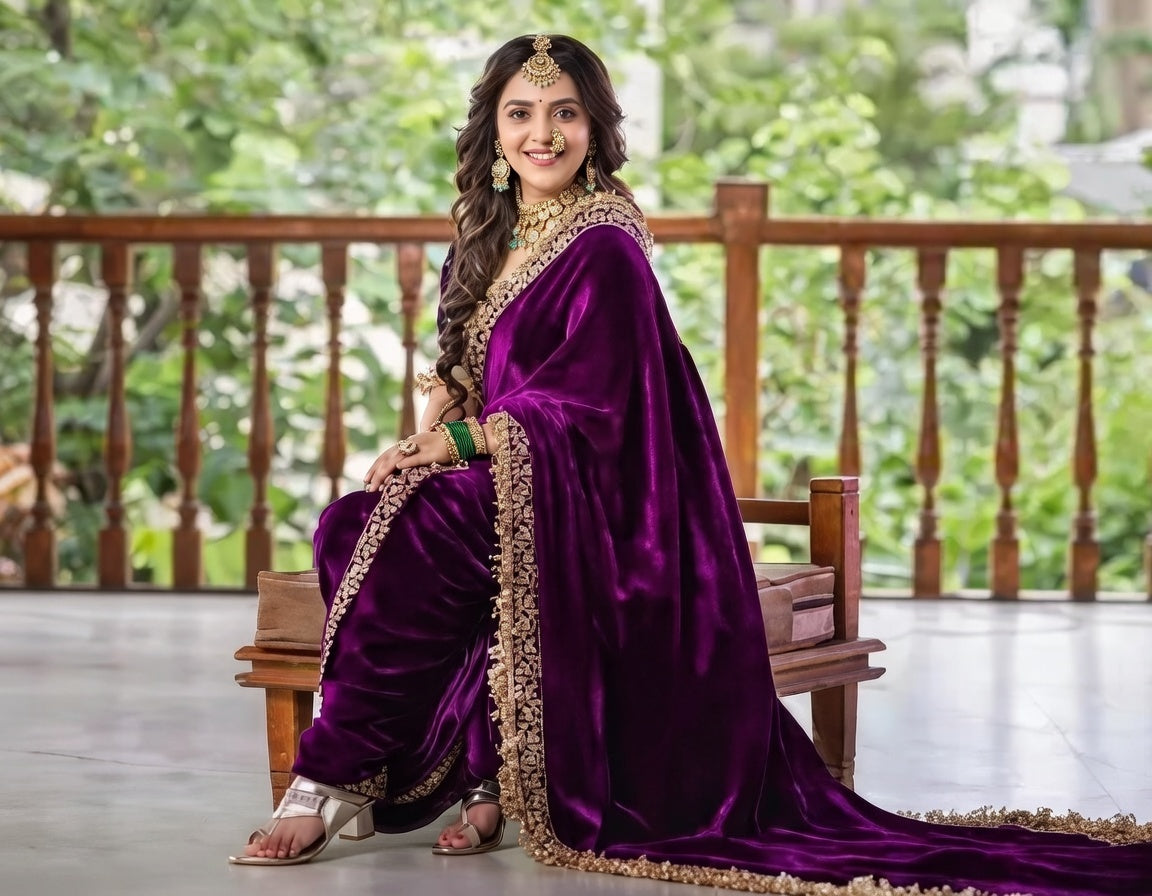 FloraLuna Luxurious Magenta-Purple Velvet Saree