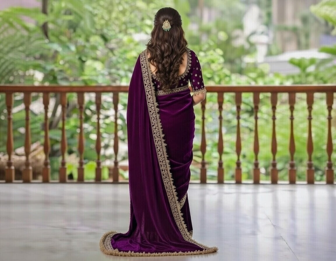 FloraLuna Luxurious Magenta-Purple Velvet Saree