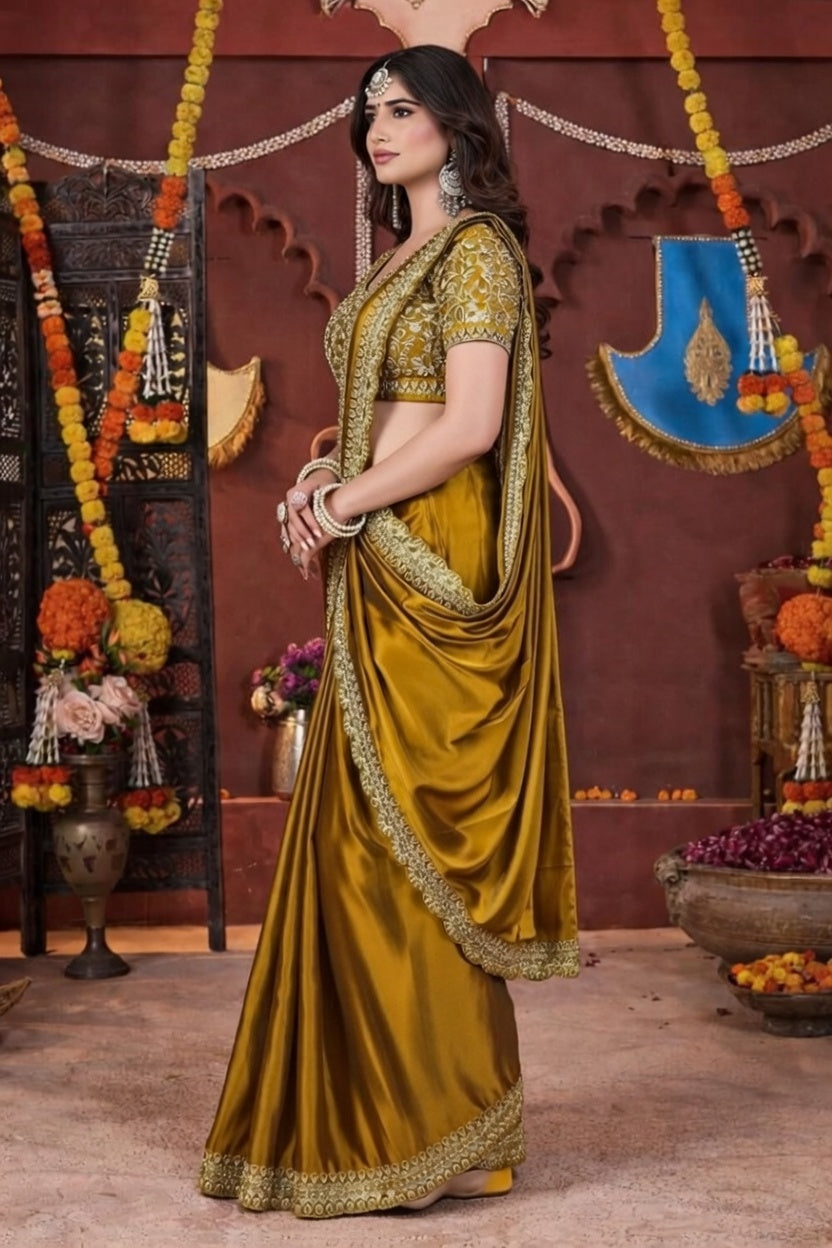 FloraLuna Stunning Golden Mustard Satin Silk Saree