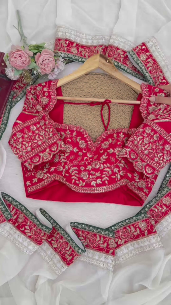 Off-White Silk-Chiffon Saree with Heavy Embroidered Red Blouse