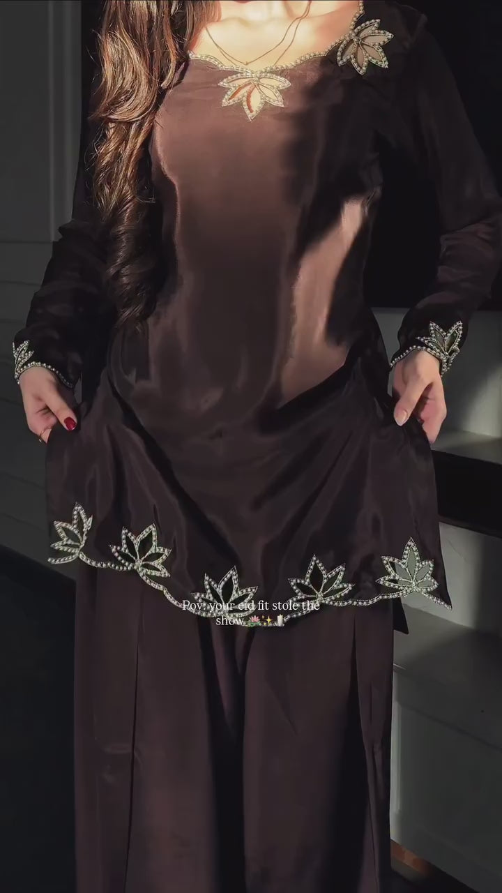 FloraLuna Chocolate Brown Silk Satin Suit with Hand-Worked Leaf Embroidery