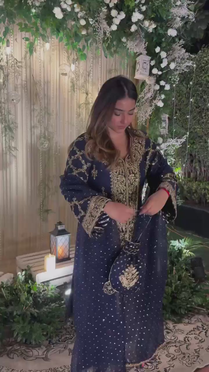 Royal Midnight Navy Heavily Embroidered Kurta Set with Scalloped Dupatta